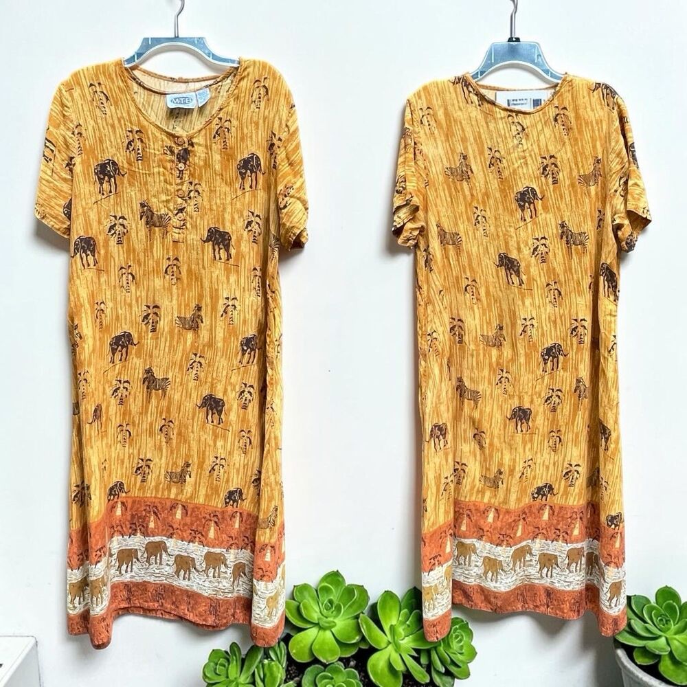 Vintage MTB Nepal Safari Print Rayon Dress 1X Elephant Zebra Resort Boho Travel